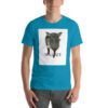 A man wearing a t-shirt with a picture of a dog.