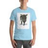 A man wearing a t-shirt with a picture of a dog.