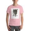 A man wearing a t-shirt with a picture of a dog.