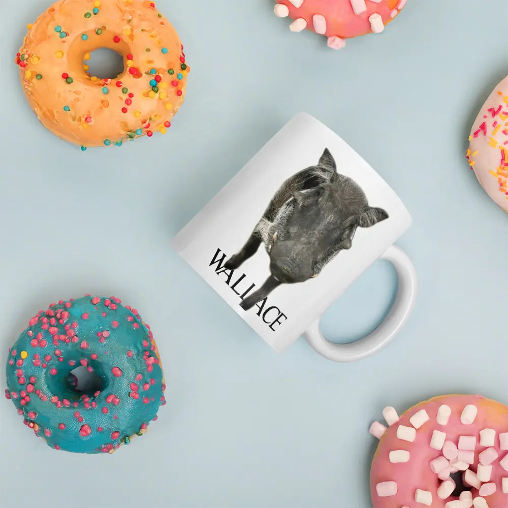 A coffee mug with an image of a dog and the word " muduce ".