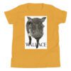 A black and white photo of a pig with the word wallace below it.