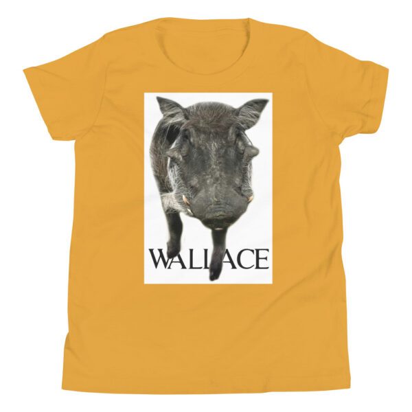 A black and white photo of a pig with the word wallace below it.