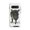 A black and white photo of a cow with the name wallace on it.