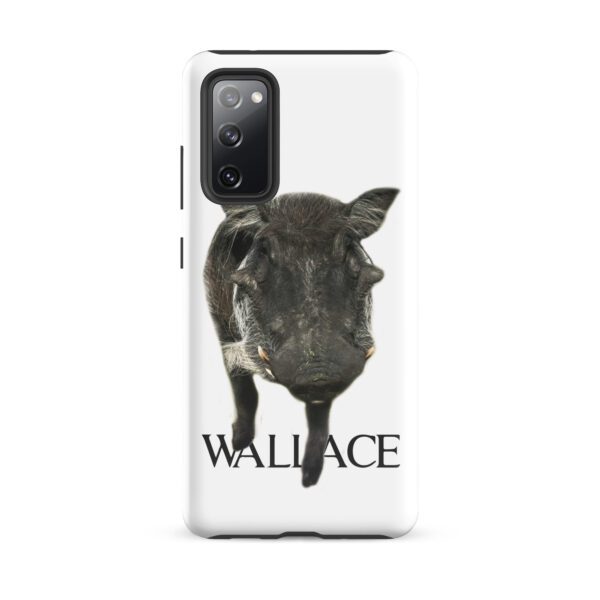 A black and white picture of a pig with the name wallace.