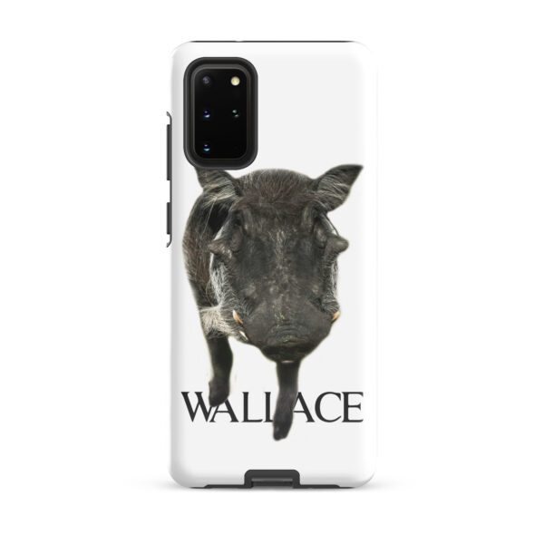 A black and white photo of a pig with the name wallace on it.