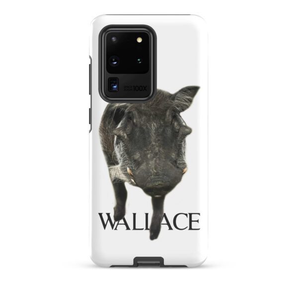 A black and white photo of a cow with the name wallace on it.
