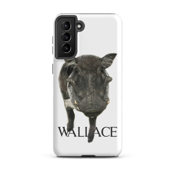 A black and white photo of a cow with the name wallace on it.