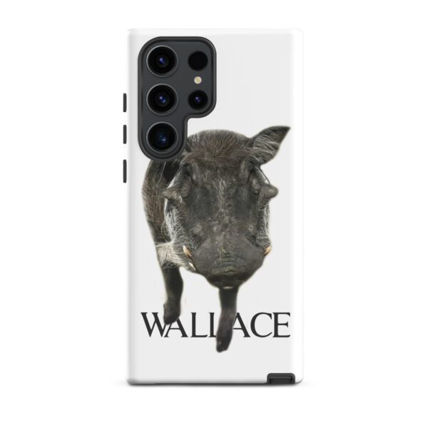 A cow with the name wallace on it's back.