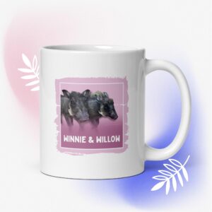 White mug with photo of two black dogs and names Anne & Millon.