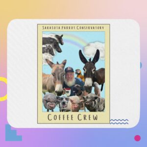 Animals and man with coffee mug, smiling.